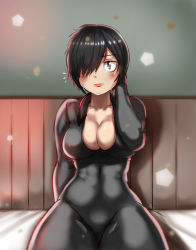 Rule 34 | 1girl, black hair, blush, bodysuit, breasts, brown eyes, cleavage, female focus, hair over one eye, large breasts, nazo no kanojo x, short hair, skin tight, solo, the golden smurf, urabe mikoto