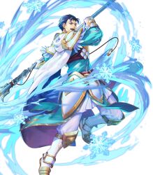 Rule 34 | 1boy, attack, blue cape, blue eyes, blue hair, cape, feather trim, fire emblem, fire emblem: the blazing blade, fire emblem heroes, gloves, hair slicked back, hector (brave warrior) (fire emblem), hector (brave warrior) (resplendent) (fire emblem), hector (fire emblem), highres, motsutsu, nintendo, non-web source, official art, open mouth, pelvic curtain, polearm, smile, solo, v-shaped eyebrows, weapon, white gloves