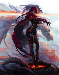 Rule 34 | 1girl, ankle cuffs, armor, black bodysuit, black gloves, bodysuit, braid, breasts, cape, chocofing r, claws, closed mouth, cuffs, dragon, full body, gloves, hair between eyes, hand up, high heels, knee pads, lips, long hair, looking at viewer, medium breasts, nose, original, pauldrons, pink lips, red cape, red hair, shackles, shoulder armor, single braid, skin tight, solo, standing, thighhighs