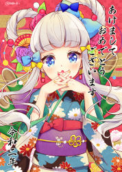 Rule 34 | 1girl, akeome, bamboo, blue bow, blue eyes, blush, bow, chinese zodiac, commentary request, earrings, floral print, flower, grey hair, hair bow, hair rings, happy new year, hazuki natsu, highres, japanese clothes, jewelry, kimono, long hair, long sleeves, looking at viewer, nail polish, new year, obi, original, pink flower, purple flower, red nails, sash, sidelocks, smile, solo, steepled fingers, twitter username, upper body, year of the rat, yellow bow, yellow flower, yellow nails