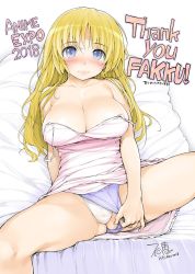 Rule 34 | 1girl, anime expo, bare shoulders, blonde hair, blouse, blue eyes, blush, breasts, cameltoe, character request, clothing aside, collarbone, fakku, highres, ishikei, large breasts, lying, on bed, panties, pink shirt, shirt, shorts, shorts aside, signature, simple background, smile, solo, thighs, underwear, white background
