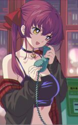 Rule 34 | 1girl, :d, alternate costume, breasts, corded phone, crop top, hair ribbon, heterochromia, highres, holding, holding phone, hololive, houshou marine, jacket, large breasts, long hair, long sleeves, off shoulder, open clothes, open jacket, open mouth, phone, red eyes, red hair, ribbon, shuri (84k), smile, solo, standing, upper body, virtual youtuber, yellow eyes