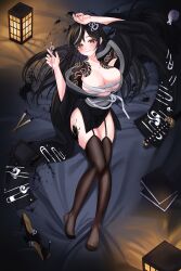 Rule 34 | 1girl, absurdres, black hair, blush, book, breasts, cleavage, feet, garter straps, hair ornament, hairpin, highres, ink, lantern, large breasts, long hair, looking at viewer, nyanbutter, paintbrush, see-through, see-through legwear, shoes, sword, thighhighs, toes, unworn shoes, weapon, yellow eyes