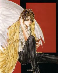 Rule 34 | angel sanctuary, brown hair, kira sakuya, short hair, sitting, suspenders, wings, yuki kaori
