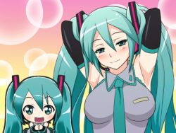 Rule 34 | 1girl, alternate breast size, animated, animated gif, aqua eyes, aqua hair, armpits, arms behind head, arms up, between breasts, blush, bouncing breasts, breasts, chibi, clothes between breasts, detached sleeves, growth, hatsune miku, headset, imagining, large breasts, long hair, mameshiba (pixiv 59310), necktie, seductive smile, smile, sparkle, twintails, vocaloid
