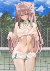 Rule 34 | 1girl, bare shoulders, blouse, blurry, blurry background, braid, closed mouth, cloud, collarbone, collared shirt, fence, fishnets, hair ribbon, hands up, kesoshirou, long hair, looking at viewer, midriff, navel, original, ribbon, shirt, side braid, sidelocks, sky, sleeveless, solo, standing, thighs, tree, water, wet, wet clothes, wet shirt, white shirt