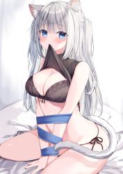 Rule 34 | 1girl, absurdres, animal ear fluff, animal ears, bare legs, bare shoulders, black bra, black panties, black shirt, blue eyes, bound, bound wrists, bra, breasts, cat ears, cat girl, cat tail, cleavage, clothes in mouth, commentary request, dot nose, grey hair, highres, lace, lace-trimmed bra, lace trim, large breasts, lifting own clothes, long hair, looking at viewer, mole, mole on breast, mouth hold, navel, okiq, original, panties, shadow, shirt, shirt in mouth, simple background, sitting, sleeveless, solo, string, tail, thighs, twintails, underwear, wariza, white background, white hair
