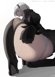 Rule 34 | 1girl, ass, ass focus, black blindfold, blindfold, boots, feather-trimmed sleeves, hairband, high heel boots, high heels, highres, huge ass, juliet sleeves, long sleeves, mmmmmkun, nier:automata, nier (series), puffy sleeves, short hair, solo, thick thighs, thigh boots, thighhighs, thighhighs under boots, thighs, white background, white hair, 2b (nier:automata)