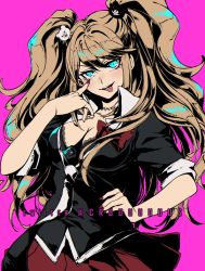 Rule 34 | 1girl, :d, :p, bear hair ornament, blonde hair, blue eyes, bow, breasts, cleavage, criis-chan, danganronpa: trigger happy havoc, danganronpa (series), enoshima junko, hair ornament, hand on own hip, hand up, large breasts, long hair, looking at viewer, miniskirt, nail polish, necktie, open mouth, pink background, red bow, red nails, red skirt, shirt, skirt, smile, solo, teeth, tongue, tongue out, twintails, twitter username, upper teeth only