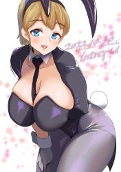 Rule 34 | 1girl, alternate costume, animal ears, asava (hutaitenn), between breasts, black jacket, black leotard, black necktie, blue eyes, blurry, blurry background, breasts, brown hair, character name, covered navel, dated, detached collar, fake animal ears, fake tail, grey pantyhose, highres, intrepid (kancolle), jacket, kantai collection, large breasts, leotard, necktie, open mouth, pantyhose, playboy bunny, rabbit ears, rabbit tail, simple background, solo, strapless, strapless leotard, tail, twitter username, white background, wrist cuffs