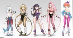 Rule 34 | 1980s fashion, 5girls, absurdres, aerobics, alternate costume, alternate hairstyle, azisugito, barbell, blonde hair, breasts, cleavage, commentary, english commentary, full body, gawr gura, highres, hololive, hololive english, hoop, hula hoop, jump rope, leotard, lineup, long hair, looking at viewer, loose socks, mori calliope, multiple girls, ninomae ina&#039;nis, orange hair, pantyhose, pink hair, purple hair, shoes, simple background, sneakers, socks, standing, takanashi kiara, takanashi kiara (7th costume), virtual youtuber, watson amelia, workout clothes, yoshiku (oden-usagi)