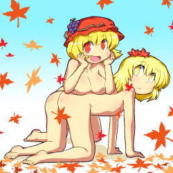 Rule 34 | 2girls, aki minoriko, aki shizuha, all fours, ass, blonde hair, breast rest, breasts, censored, censored nipples, convenient censoring, female focus, flat chest, food, fruit, gomi ichigo, grapes, hair ornament, hat, head rest, highres, large breasts, leaf, leaf censor, leaf hair ornament, multiple girls, nude, red eyes, siblings, sisters, touhou, yellow eyes