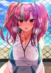 Rule 34 | 1girl, azur lane, bare shoulders, bow, breasts, bremerton (azur lane), bremerton (scorching-hot training) (azur lane), chain-link fence, commentary request, crop top, day, fence, from above, grey hair, haiba 09, hair between eyes, hair bow, hair ornament, hairclip, heart, heart necklace, heavy breathing, highres, jewelry, large breasts, long hair, looking at viewer, multicolored hair, necklace, no mole, outdoors, pink eyes, pink hair, serious, shirt, sitting, sky, sleeveless, sleeveless shirt, solo, sportswear, streaked hair, twintails, two-tone hair, two-tone shirt, two-tone skirt, x hair ornament