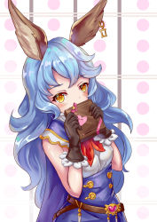 Rule 34 | 1girl, animal ears, bare shoulders, bell (angelicalary), belt, black gloves, blue hair, blue skirt, blush, box, covering own mouth, earrings, erune, ferry (granblue fantasy), gift, gift box, gloves, granblue fantasy, heart, high-waist skirt, holding, holding box, jewelry, long hair, looking at viewer, neckerchief, red neckerchief, shiny skin, skirt, sleeping, two-handed, upper body, valentine, very long hair, yellow eyes
