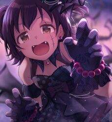 Rule 34 | akagi miria, ayami (ayanoayanosuke), bare shoulders, black dress, black gloves, black hair, blurry, blurry background, brown eyes, claw pose, commentary request, dress, earrings, fangs, gloves, idolmaster, idolmaster cinderella girls, idolmaster cinderella girls starlight stage, jewelry, looking at viewer, open mouth, scar, scar on face, short hair, the villain&#039;s night, two side up