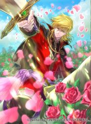 Rule 34 | 1boy, black cape, black footwear, blonde hair, boots, cape, coat, collar, collared cape, eldigan (fire emblem), fire emblem, fire emblem: genealogy of the holy war, fire emblem cipher, flower, holding, holding sword, holding weapon, horse, horseback riding, knee boots, lips, looking at viewer, male focus, medium hair, nintendo, official art, petals, pink flower, pink rose, red coat, riding, rose, sidelocks, smile, solo, suzuki rika, sword, turtleneck, weapon, yellow eyes