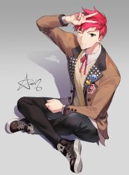 Rule 34 | 1boy, black footwear, black pants, brown eyes, brown jacket, buried stars, character request, closed mouth, collared shirt, commentary request, full body, hand up, highres, indian style, jacket, korean commentary, long sleeves, looking at viewer, male focus, neck ribbon, one eye closed, pants, red hair, red ribbon, ribbon, school uniform, shirt, shoes, short hair, signature, simple background, sitting, smile, sweater, timing (mpth8384), v, white background, white shirt, yellow sweater