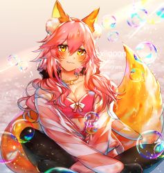 Rule 34 | 1girl, animal ear fluff, animal ears, artist name, black hairband, black legwear, blush, bow, bra, breasts, bubble, cleavage, commentary request, fang, fang out, fate/extra, fate/extra ccc, fate (series), fox ears, fox girl, fox tail, hair between eyes, hairband, hood, hoodie, indian style, instagram username, jewelry, large breasts, light rays, lips, long hair, long sleeves, looking at viewer, mixed-language commentary, necklace, official alternate costume, open clothes, open hoodie, pink bra, pink hair, pink hoodie, sidelocks, sitting, solo, spring casual, striped clothes, striped hoodie, tail, tamamo (fate), tamamo no mae (fate/extra), tamamo no mae (spring casual) (fate), twitter username, underwear, watermark, wavy hair, white bow, xionfes, yellow eyes, zipper