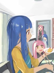 Rule 34 | 4girls, absurdres, apron, arms up, black pants, black shirt, blue hair, blush stickers, bubble, chair, chopsticks, commentary, curtains, door, dress, dual persona, food, highres, holding, holding chopsticks, holding plate, indoors, kagari-lunatic, kotonoha akane, kotonoha aoi, long hair, multiple girls, open mouth, pants, pink hair, plate, red eyes, room, rubbing eyes, shirt, siblings, sisters, sitting, smile, sparkling eyes, tempura, very long hair, voiceroid, white dress, window, yawning, yellow shirt, aged down