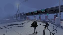 Rule 34 | 1girl, absurdres, black fur, black jacket, black pantyhose, blue hair, building, cable, closed mouth, commentary request, expressionless, fog, grey eyes, highres, holding, holding sword, holding weapon, jacket, looking at viewer, multicolored hair, night, original, outdoors, pantyhose, pointy ears, scenery, science fiction, solo, streaked hair, sword, twintails, weapon, white hair, yamori no o
