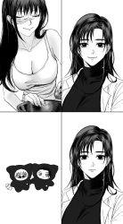 2boys 2girls breasts closed_eyes closed_mouth commentary_request cracked_egg eden_gross_cooking_reaction_(meme) empty_eyes getou_suguru gojou_satoru highres ieiri_shoko iori_utahime iwtsigg jujutsu_kaisen large_breasts long_hair meme mole mole_under_eye multiple_boys multiple_girls scar scar_on_face yuri