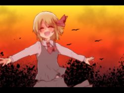 Rule 34 | 1girl, :d, blonde hair, blush, fang, hair ribbon, highres, letterboxed, necktie, open mouth, ribbon, rumia, short hair, smile, solo, sunset, takorice, touhou