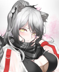 Rule 34 | 1girl, a9 (repainter), absurdres, animal ear fluff, animal ears, arknights, black gloves, black scarf, breasts, cat ears, cleavage, commentary, fingerless gloves, gloves, hand up, highres, jacket, large breasts, long hair, long sleeves, looking at viewer, open clothes, open jacket, scarf, schwarz (arknights), silver hair, solo, upper body, white jacket, yellow eyes