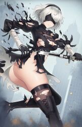 Rule 34 | 1girl, 2b (nier:automata), artist name, ass, black blindfold, black dress, black hairband, black thighhighs, blindfold, boots, breasts, building, clothing cutout, covered eyes, doiparuni, dress, feather-trimmed sleeves, fog, gloves, hairband, highres, juliet sleeves, large breasts, long sleeves, mole, mole under mouth, nier:automata, nier (series), puffy sleeves, short hair, skyscraper, solo, thighhighs, torn clothes, white hair