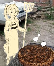 Rule 34 | 1girl, :3, :d, absurdres, apron, boots, car, commentary, cooking, english commentary, english text, food, frieren, fukaikiri, grass, grill, hair over shoulder, hamburger steak, highres, holding, holding spatula, log, long hair, long sleeves, looking at viewer, motor vehicle, open mouth, outdoors, oversized food, oversized object, photo background, pointy ears, short eyebrows, smile, solo, sousou no frieren, spatula, standing, thick eyebrows, twintails