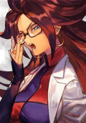 Rule 34 | 1girl, adjusting eyewear, android 21, blue eyes, brown hair, checkered clothes, checkered dress, curly hair, dragon ball, dragon ball fighterz, dress, earrings, glasses, hoop earrings, hungry clicker, jewelry, lab coat, long hair, looking at viewer, open mouth, profile, ring, solo, upper body