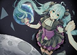 Rule 34 | 1/6 -out of the gravity- (vocaloid), 1girl, ahoge, aqua eyes, aqua hair, black dress, black skirt, black thighhighs, blush, commentary, dress, earth (planet), floating, floating hair, frilled skirt, frills, hatsune miku, heart, heart ahoge, highres, holding, holding hands, holding microphone, layered skirt, long hair, looking at viewer, microphone, midriff, miniskirt, moon, navel, nonnon 2012, pink ribbon, planet, pov, pov hands, ribbon, skirt, sky, space, star (sky), starry sky, sunrise, thighhighs, twintails, very long hair, vocaloid, wrist ribbon, zettai ryouiki