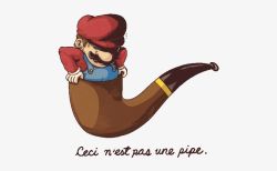 Rule 34 | 1boy, brown hair, facial hair, fine art parody, french text, gloves, grey background, hands up, hat, long sleeves, male focus, mario, mario (series), mustache, nintendo, parody, philipp urlich, red hat, red shirt, shirt, simple background, smoking pipe, solo, stuck, swipe, translated