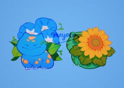 Rule 34 | blue background, blue flower, bulbasaur, creatures (company), closed eyes, flower, game freak, gen 1 pokemon, highres, leaf, meyoco, morning glory, nintendo, no humans, pokemon, pokemon (creature), shadow, signature, simple background, smile, sunflower, yellow flower