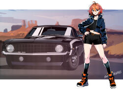 Rule 34 | 1girl, ahoge, black car, black nails, black shirt, black shorts, black socks, blue jacket, car, closed mouth, collarbone, commentary, english commentary, full body, hair between eyes, hand on own hip, highres, jacket, kaiware, lips, long sleeves, looking at viewer, medium hair, midriff, motor vehicle, navel, open clothes, open jacket, orange footwear, orange hair, original, outdoors, shirt, shoes, short shorts, shorts, sidelocks, signature, sneakers, socks, solo, sports car, standing, thighs, vehicle focus, vehicle request