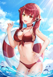 Rule 34 | absurdres, beach, bikini, bow, bow bikini, breasts, choker, cleavage, cloud, collarbone, cowboy shot, fang, gluteal fold, hair ribbon, halterneck, hand on own hip, heterochromia, highres, hololive, houshou marine, huge filesize, in water, innertube, large breasts, light particles, light rays, midriff, navel, ocean, open mouth, red hair, ribbon, silverrain 72, smile, solo, sunbeam, sunlight, swim ring, swimsuit, twintails, virtual youtuber, wading