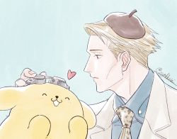 Rule 34 | 1boy, animal print, blonde hair, blue background, blue shirt, brown eyes, closed eyes, collared shirt, commentary, dog, english commentary, formal, goggles, happy, heart, hello kitty, jujutsu kaisen, leopard print, looking at another, male focus, nanami kento, necktie, nekoyanaginekoko, pompompurin, sanrio, shirt, short hair, solo, suit, upper body, yellow necktie