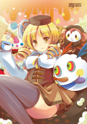 Rule 34 | 10s, 1girl, :p, beret, blonde hair, cake, charlotte (madoka magica), cup, drill hair, food, fork, hat, magical girl, mahou shoujo madoka magica, mahou shoujo madoka magica (anime), monster, multicolored eyes, puffy sleeves, short hair, siukaukau24, stuffed toy, thighhighs, tomoe mami, tongue, tongue out, yellow eyes