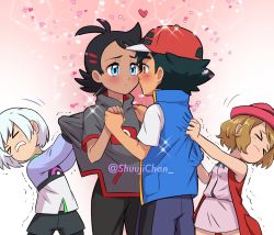 Rule 34 | 1girl, 3boys, antenna hair, ash ketchum, baseball cap, black hair, black pants, blonde hair, blouse, blue eyes, blue pants, blue ribbon, blue vest, blush, brown eyes, clenched teeth, clothes pull, coat, creatures (company), dark-skinned male, dark skin, dress, eye contact, closed eyes, game freak, goh (pokemon), grey shirt, hand on another&#039;s shoulder, hat, heart, holding hands, horace (pokemon), jealous, looking at another, multiple boys, nintendo, pants, pink background, pink dress, pokemon, pokemon (anime), pokemon journeys, pokemon xy (anime), red coat, ribbon, sara bon, serena (pokemon), shirt, shirt pull, sparkle, spiked hair, tagme, teeth, twitter username, vest, white hair, white shirt, yaoi