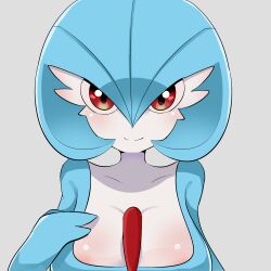 Rule 34 | 1girl, alternate color, areola slip, blue hair, blue skin, blush, bob cut, breasts, closed mouth, collarbone, colored skin, creatures (company), female focus, game freak, gardevoir, gen 3 pokemon, grey background, hair between eyes, hand on own chest, hand up, happy, highres, large breasts, multicolored skin, nintendo, pokemon, pokemon (creature), red eyes, shiny pokemon, short hair, simple background, smile, solo, split mouth, straight-on, two-tone skin, upper body, white skin, yutti (pixiv 92453386)