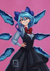 Rule 34 | 1girl, absurdres, ahoge, alternate costume, arddingo, black skirt, black vest, blue bow, blue hair, bow, bowtie, cirno, commentary, detached wings, dress, english commentary, hair between eyes, hair bow, highres, ice, ice wings, long sleeves, looking at viewer, purple background, red bow, red bowtie, shirt, short hair, signature, simple background, skirt, smile, solo, touhou, vest, white shirt, wings