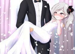 Rule 34 | 1boy, 1girl, bare shoulders, blue archive, blush, breasts, carrying, cleavage, commentary, commentary request, dress, english commentary, ether core, formal, grey eyes, grey hair, hair ornament, happy, highres, jewelry, long hair, looking at another, mutsuki (blue archive), out of frame, parted bangs, petals, princess carry, ring, sensei (blue archive), short sleeves, sidelocks, simple background, smile, strapless, strapless dress, suit, wedding, wedding dress, wedding ring, white dress