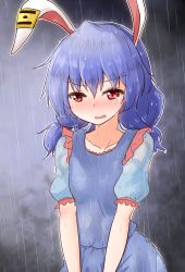 Rule 34 | 1girl, animal ears, blue dress, blue hair, rabbit ears, commentary request, crying, crying with eyes open, dress, highres, medium hair, oshiaki, parted lips, puffy short sleeves, puffy sleeves, rain, red eyes, seiran (touhou), short sleeves, solo, tearing up, tears, touhou