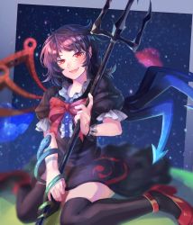 Rule 34 | 1girl, :d, asymmetrical wings, beekan, black dress, black hair, black thighhighs, blush, bow, bowtie, commentary, dress, eyebrows hidden by hair, fang, frilled sleeves, frills, full body, high heels, highres, holding, holding polearm, holding weapon, houjuu nue, looking at viewer, medium hair, open mouth, parted bangs, polearm, puffy short sleeves, puffy sleeves, red bow, red bowtie, red eyes, red footwear, short sleeves, sitting, skin fang, sky, smile, snake, solo, star (sky), starry sky, thighhighs, touhou, trident, ufo, wariza, weapon, wings