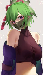 Rule 34 | 1girl, absurdres, bare shoulders, black shirt, breasts, commentary request, crop top, genshin impact, green hair, grey background, highres, jacket, katagirinanoka, kuki shinobu, large breasts, looking at viewer, mask, midriff, mouth mask, off shoulder, partial commentary, ponytail, purple eyes, purple jacket, shirt, short hair, sidelocks, simple background, sleeveless, sleeveless shirt, solo, stomach, upper body