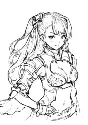Rule 34 | 1girl, armor, beatrix (granblue fantasy), belly, bikini armor, blush, breasts, cleavage, granblue fantasy, greyscale, hair ornament, hand on own hip, haoni, long hair, medium breasts, monochrome, navel, simple background, smile, solo, stomach, white background