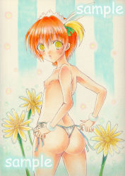 Rule 34 | 10s, 1girl, ass, blush, breasts, flower, hair ornament, headband, hoshizora rin, looking at viewer, looking back, love live!, love live! school idol project, mogyutto &quot;love&quot; de sekkin chuu!, nipples, orange hair, panties, parted lips, plant, sample watermark, short hair, side ponytail, small breasts, solo, standing, topless, traditional media, underwear, wakaba0801, watermark, yellow eyes