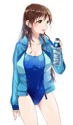 Rule 34 | 10s, 1girl, bottle, brown eyes, brown hair, competition swimsuit, cowboy shot, gen (enji), gluteal fold, highres, idolmaster, idolmaster cinderella girls, jacket, long hair, looking to the side, matching hair/eyes, nitta minami, one-piece swimsuit, open mouth, profile, solo, standing, swimsuit, track jacket, water bottle, wet, wet clothes, wet swimsuit
