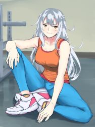 Rule 34 | 1girl, alternate costume, bare shoulders, blurry, blurry background, commentary request, exercise machine, gangut (kancolle), grey hair, gym, highres, kantai collection, long hair, on floor, orange eyes, orange shirt, pants, shingyou (alexander-13), shirt, shoes, sneakers, solo, sweatpants, tank top, training room
