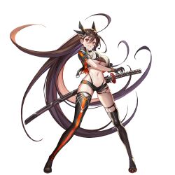 Rule 34 | 1girl, action taimanin, breasts, brown hair, floating hair, full body, gloves, highres, holding, holding sword, holding weapon, kasumigaoka rika, large breasts, lilith-soft, long hair, navel, official art, okuma mai, red eyes, revealing clothes, simple background, smile, solo, sword, taimanin (series), taimanin suit, underboob, very long hair, weapon