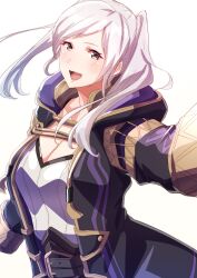 Rule 34 | 1girl, :d, absurdres, black coat, breasts, cleavage, coat, fire emblem, fire emblem awakening, highres, hood, hood down, hooded coat, large breasts, long sleeves, looking at viewer, medium breasts, nintendo, open clothes, open coat, open mouth, robin (female) (fire emblem), robin (fire emblem), smile, solo, to (tototo tk), twintails, white background, white hair